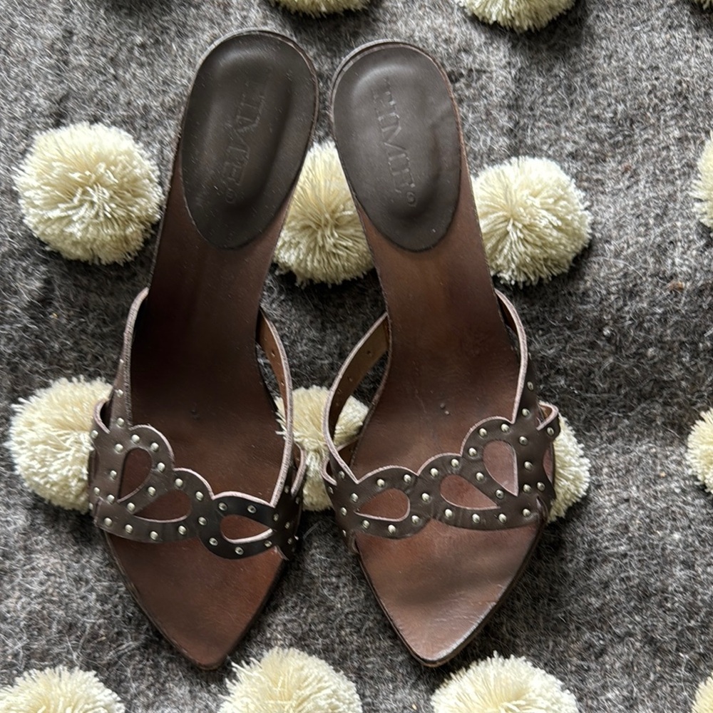TIME Brown Leather Sandals with Stud Detail